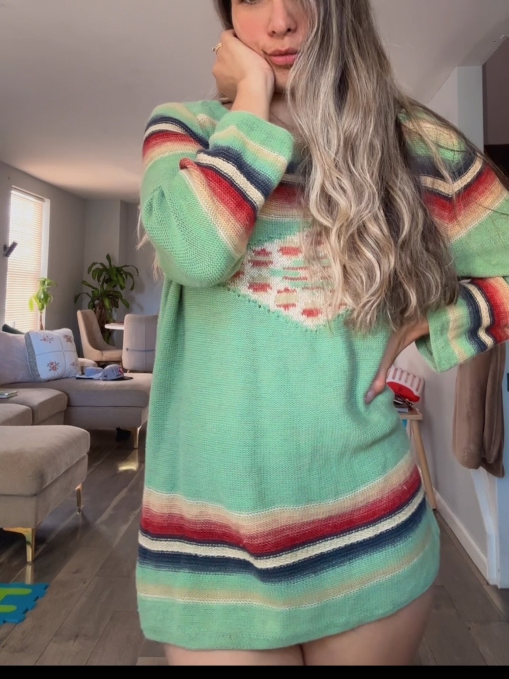 Ralph Lauren Mint Green Crewneck Sweater with Multicolor Stripes